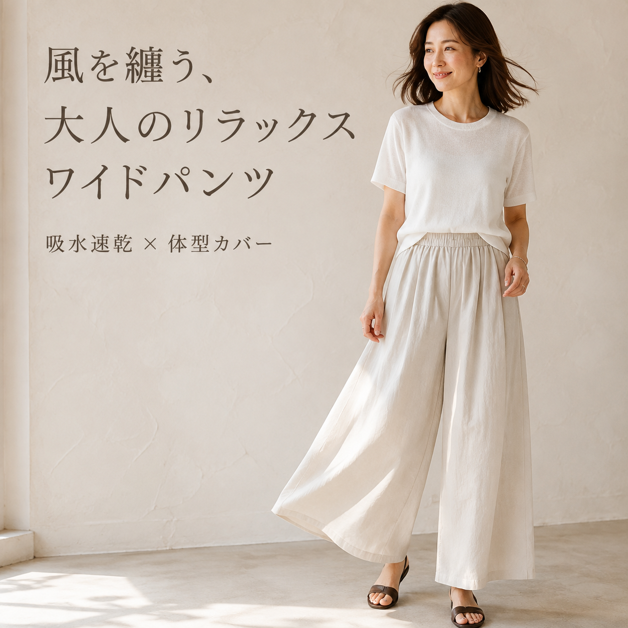 夏用ゆったりドレープ日本風九分丈ワイドパンツ レディース
