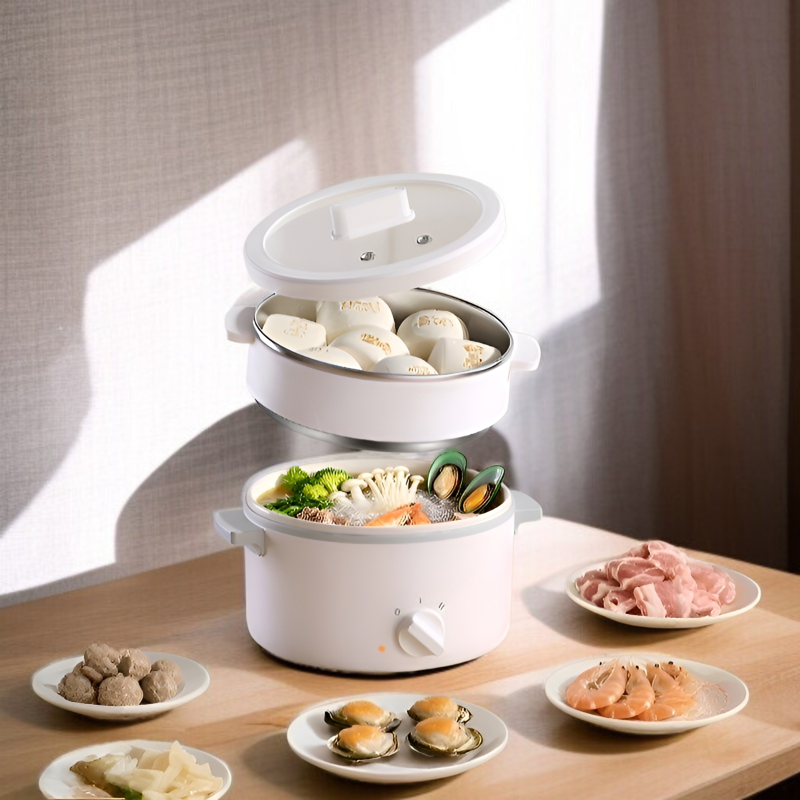 Vaporera eléctrica de 1.5L con dos niveles, multifuncional y resistente al moho