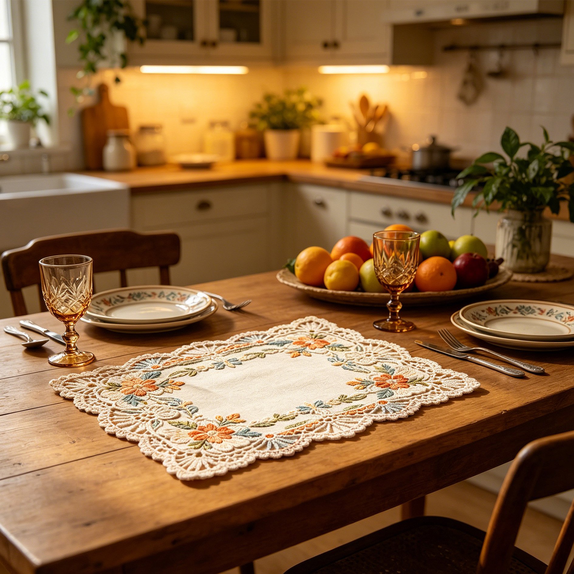 4er-Set Tischsets im traditionellen Lu-Stickerei-Design