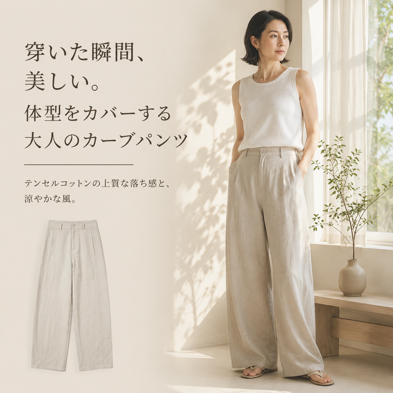 テンセルコットン混紡レディース夏用ゆったりワイドパンツ