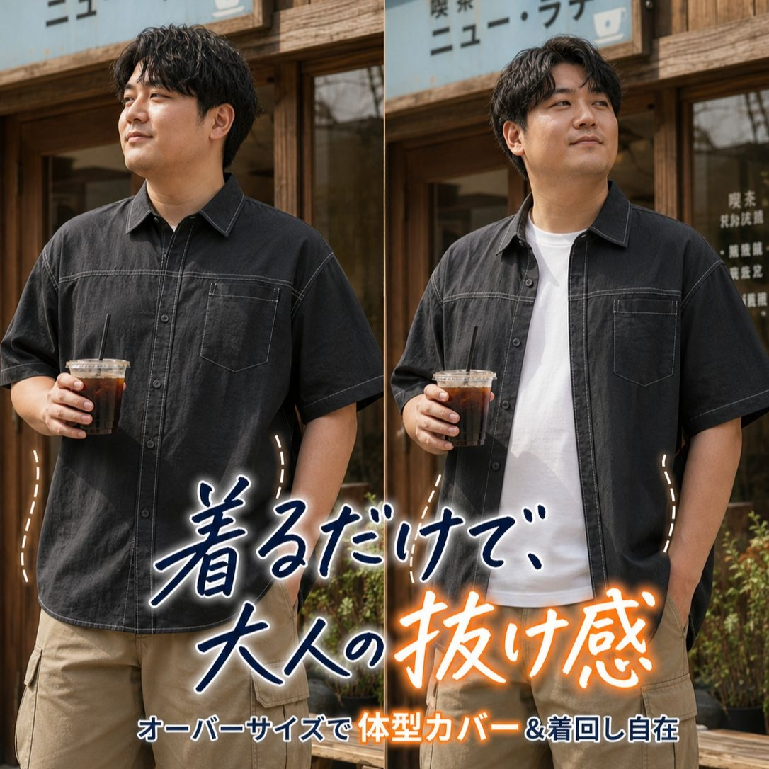 メンズゆったり大きめデニム半袖シャツ、カジュアルスタイル、目立つステッチ