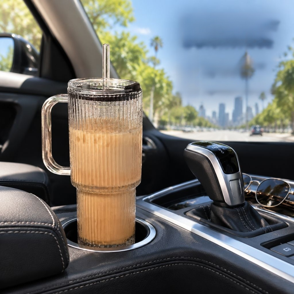 Portable Large Glass Cup with Straw and Handle