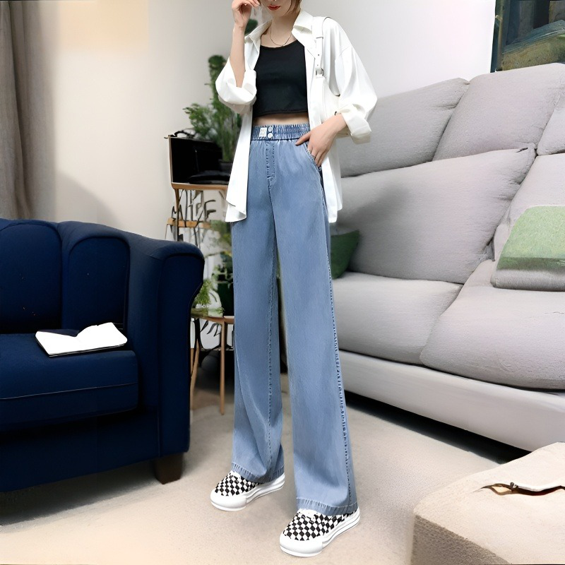 여성 여름 살코기 아이스 청바지 하이웨스트 와이드 얇은 아이스 원단 와이드 팬츠