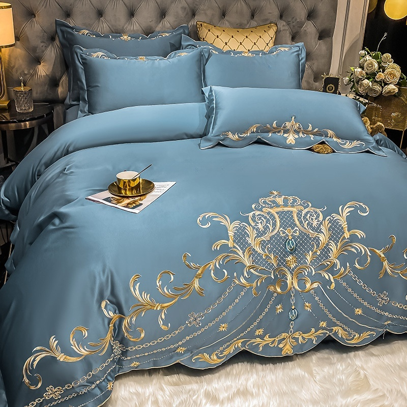 럭셔리 골드 새틴 자수 리넨 침구 세트