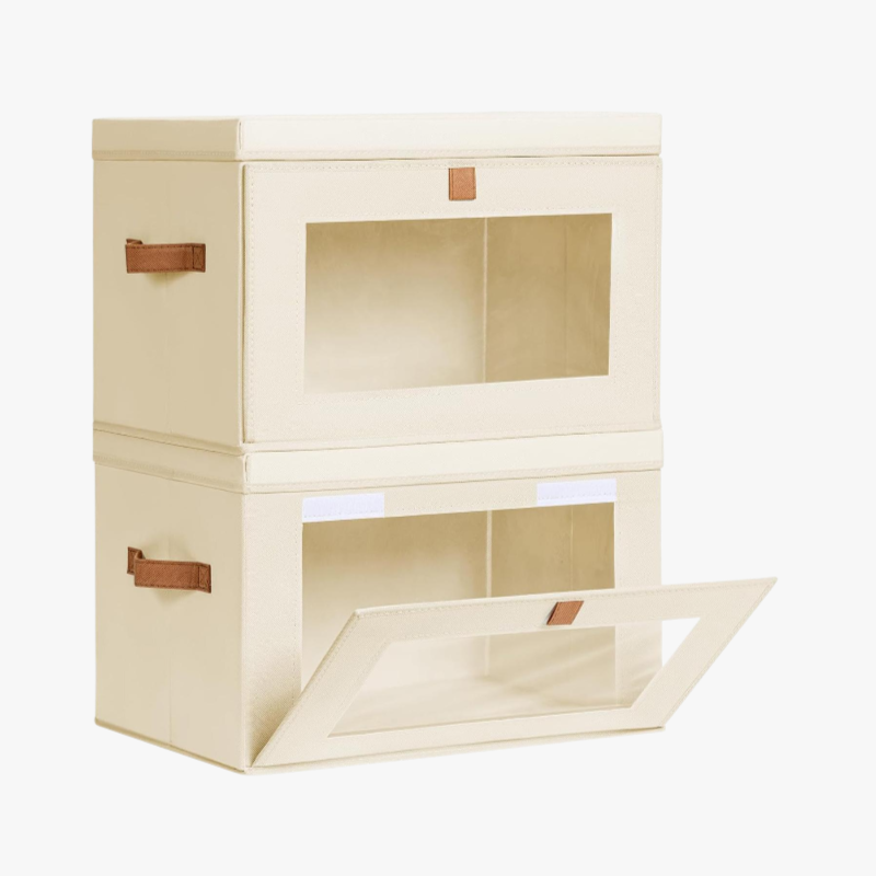 Side-opening fabric folding storage box with lid and transparent window, wardrobe clothing organizer