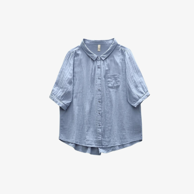 여성스러운 반팔 셔츠 문예 루즈핏 상의 이중 면사 솔리드 셔츠