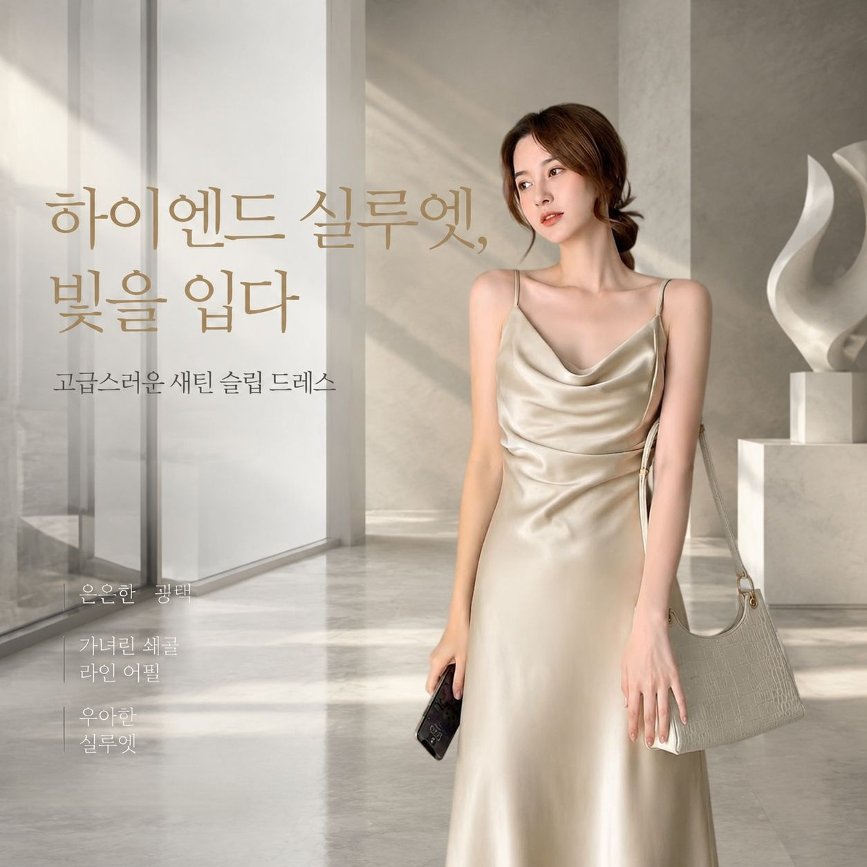 여자 허리 새틴 A라인 롱스커트 슬림 나시 원피스