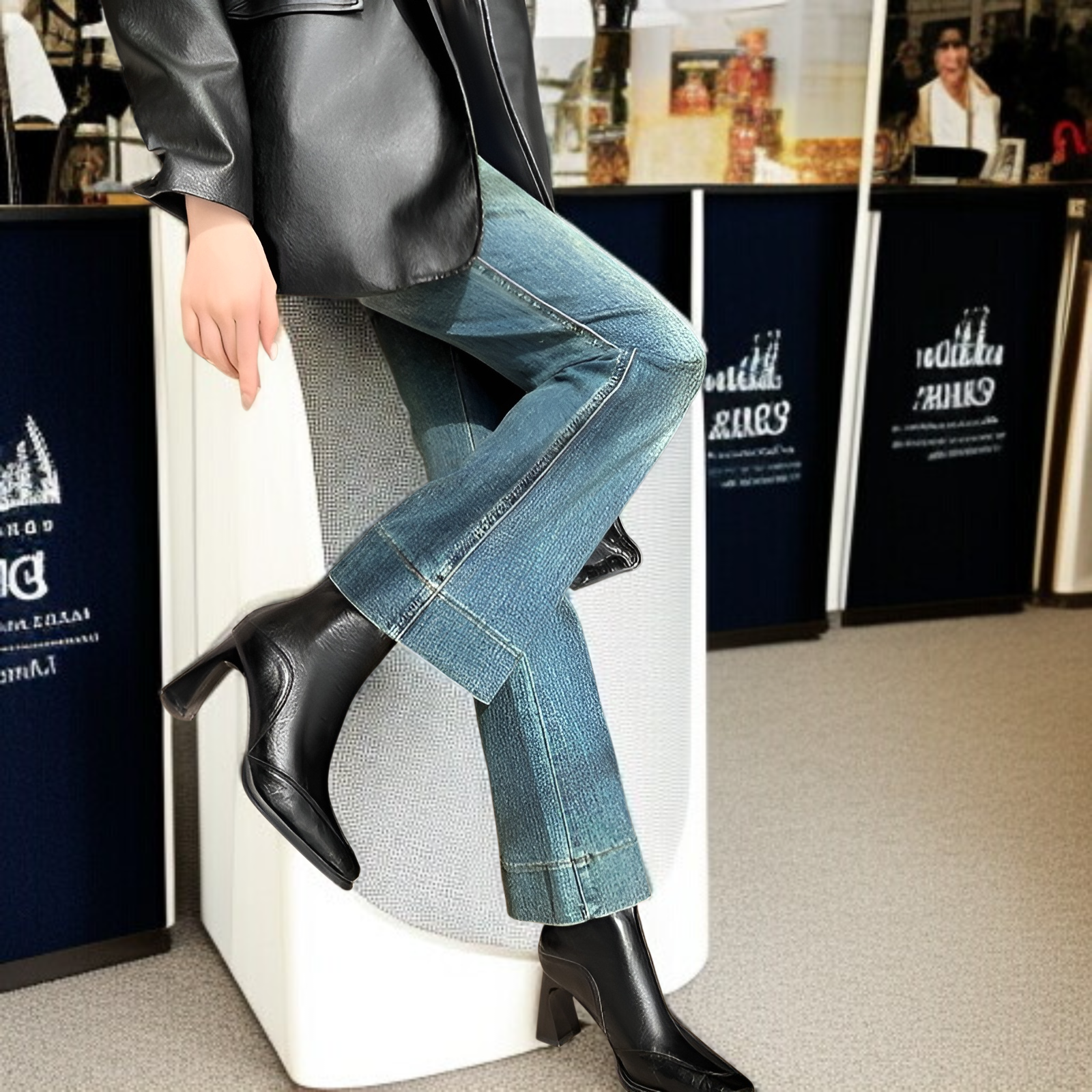 2025年秋冬新作 レディースブラックショートブーツ フレンチスタイル太ヒール ストレッチスリムブーツ マーチンブーツ