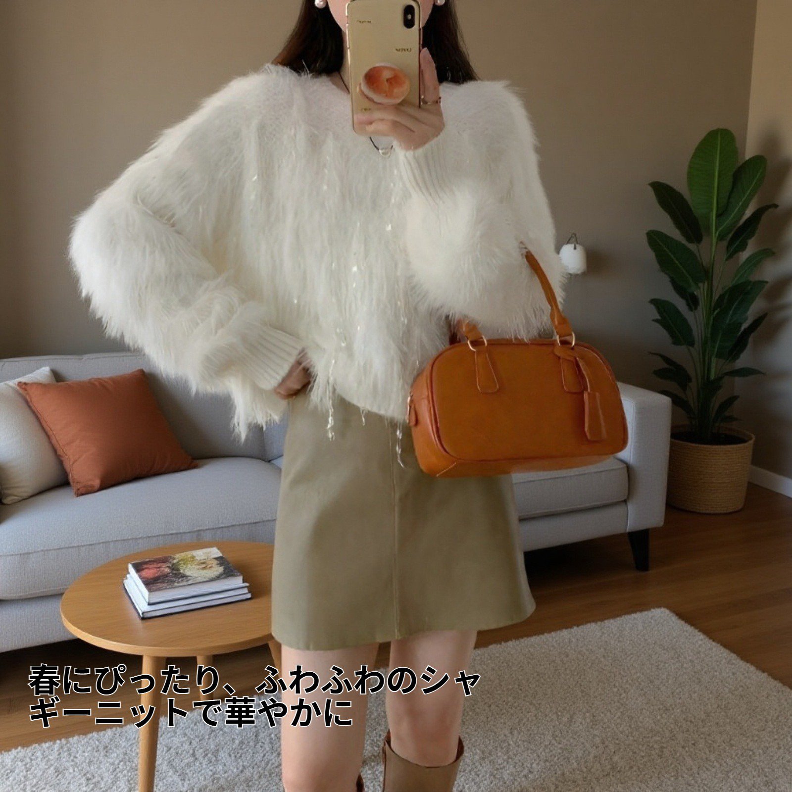 春の主役級レディースフリンジシャギーニットセーター正面画像