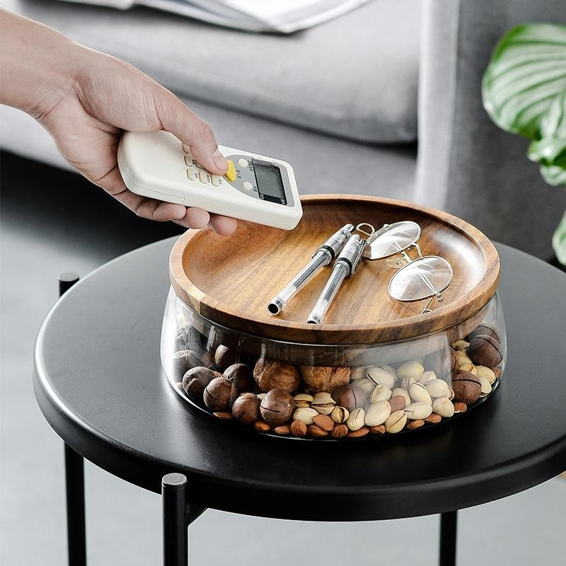 高腳玻璃果盤木質收納糖果盆