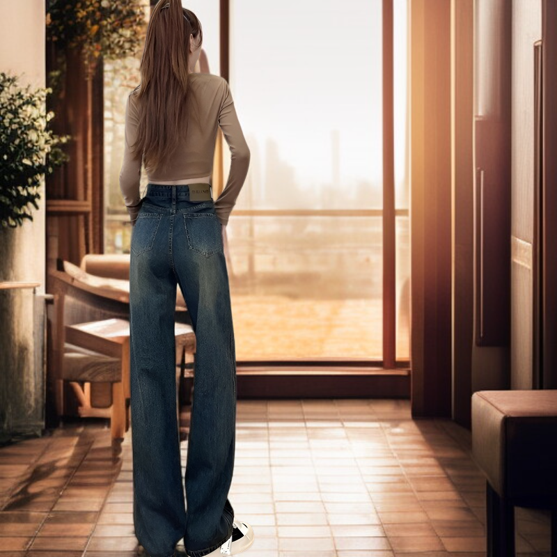 女性用ゆったりレトロワイドレッグクロッチカバージーンズ ナロー・スプリング・ハイウエスト・パデッド・ドラッグ・パンツ ジーンズゆったりワイドストレート股下カバー春秋トップス