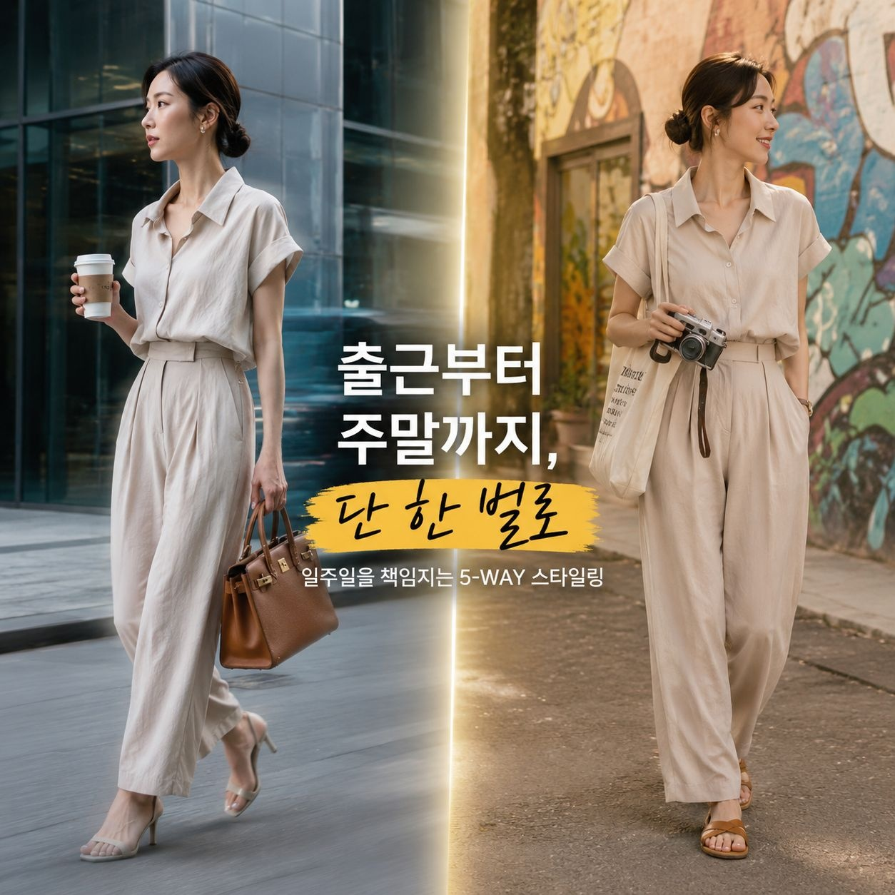 여성 루즈핏 반소매 셔츠+하이웨스트 와이드팬츠 세트