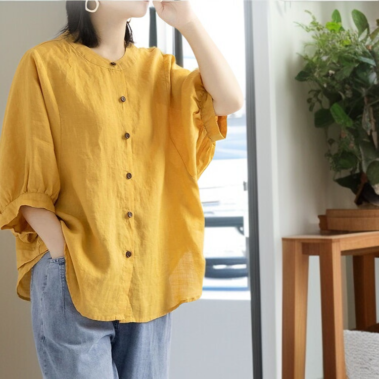여성 빈티지 문예 벌룬 소매 셔츠 빅사이즈 루즈핏 반팔 셔츠 상의 여성 루즈핏 셔츠