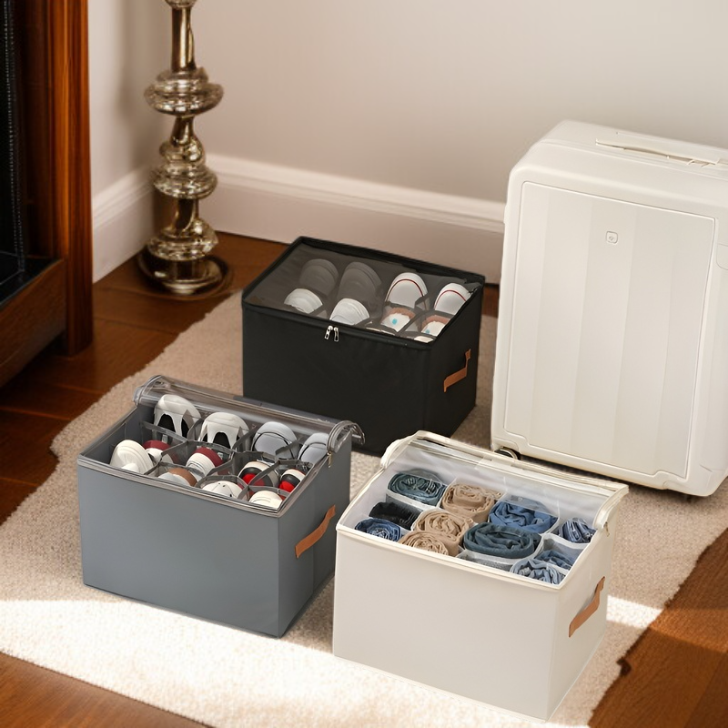 Vista lateral de caja para botas con ventana visible