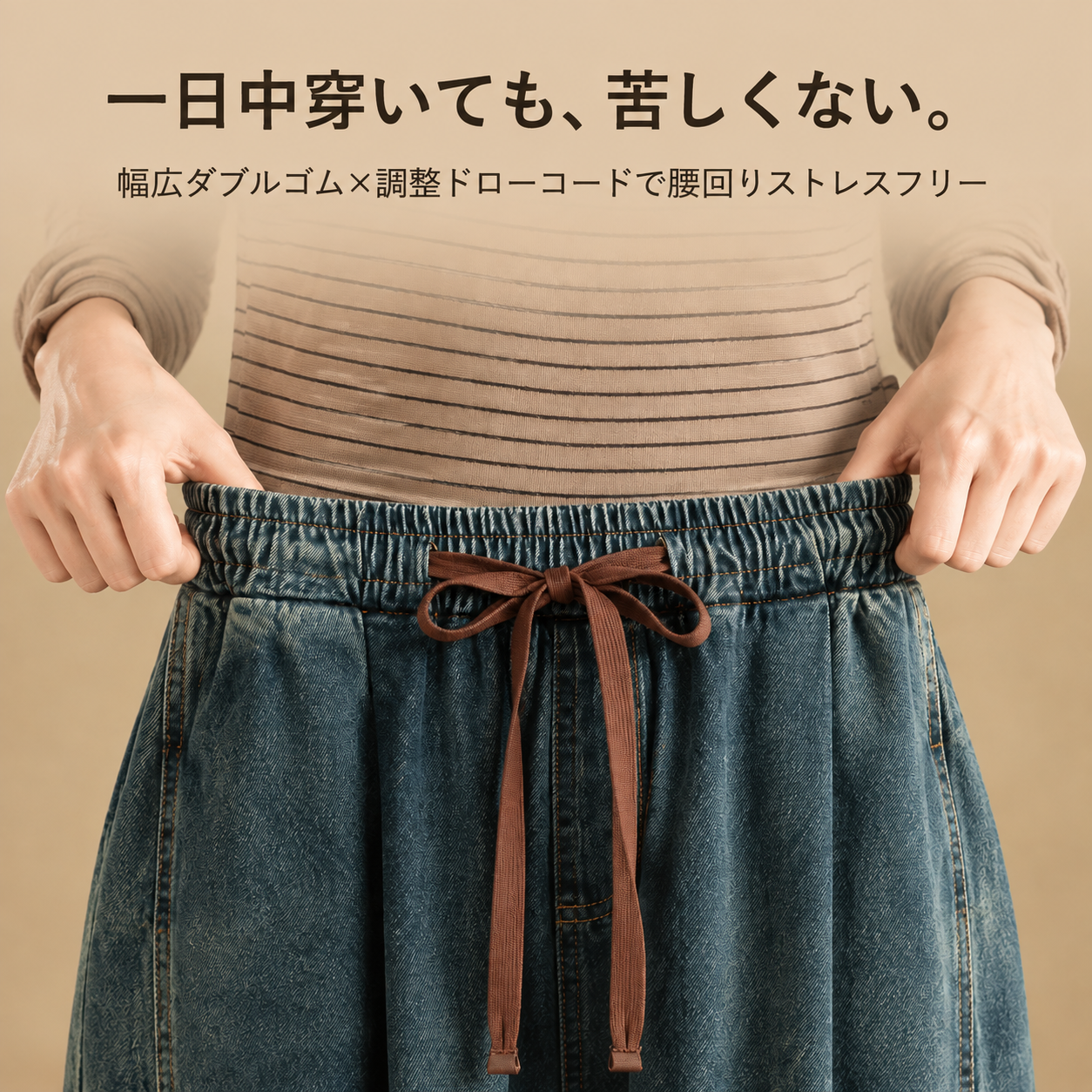 レディースゴムウエストゆったり大きいサイズ切り替えデニム九分丈ハーレムパンツ