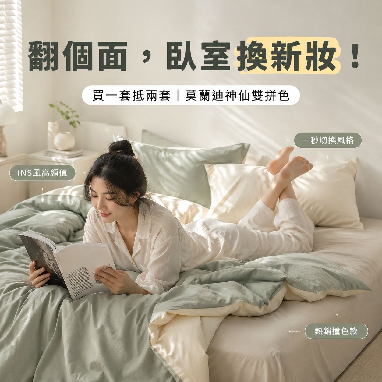 純色雙人床三件套床品組合（被套+床單+枕套）