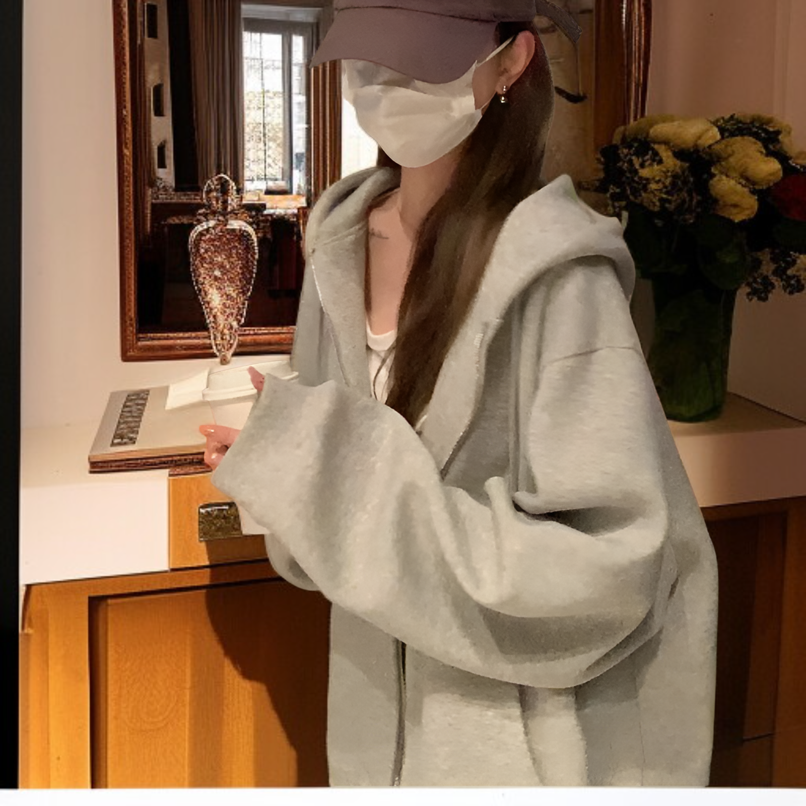 韓国風 ゆったり グレー ジップアップ スウェットパーカー