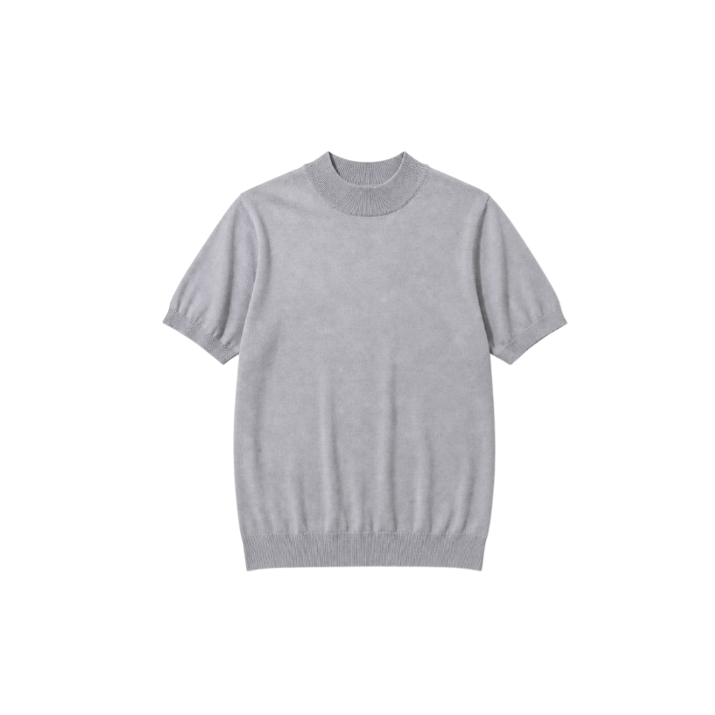 メンズ七分袖ひんやりニットTシャツ、夏用ゆったり無地カジュアルセーター