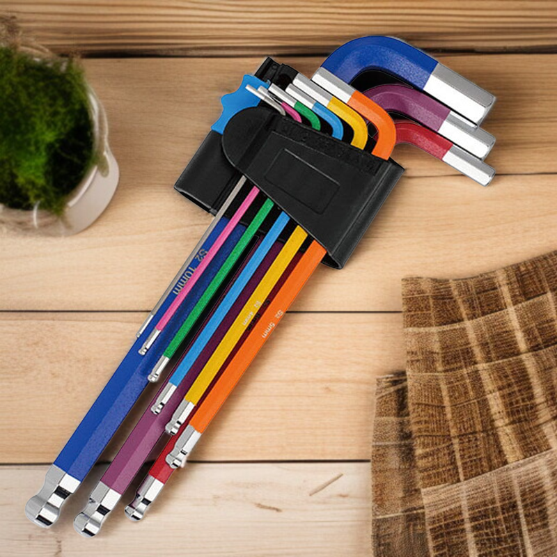 9-teiliges L-förmiges Ratschenringschlüssel- und Steckschlüsselset, buntes Schraubwerkzeug