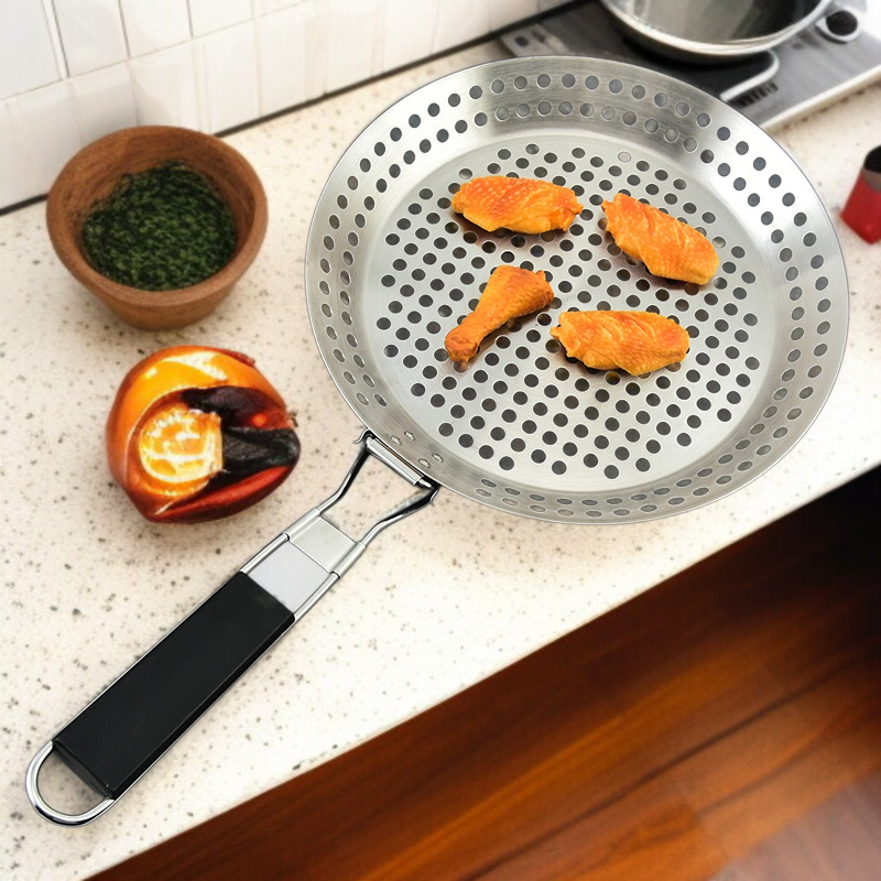 휴대용 Bbq 불판 야외 접이식 야채판 원형 펀칭 불판 나무 손잡이 야외 바베큐 접시