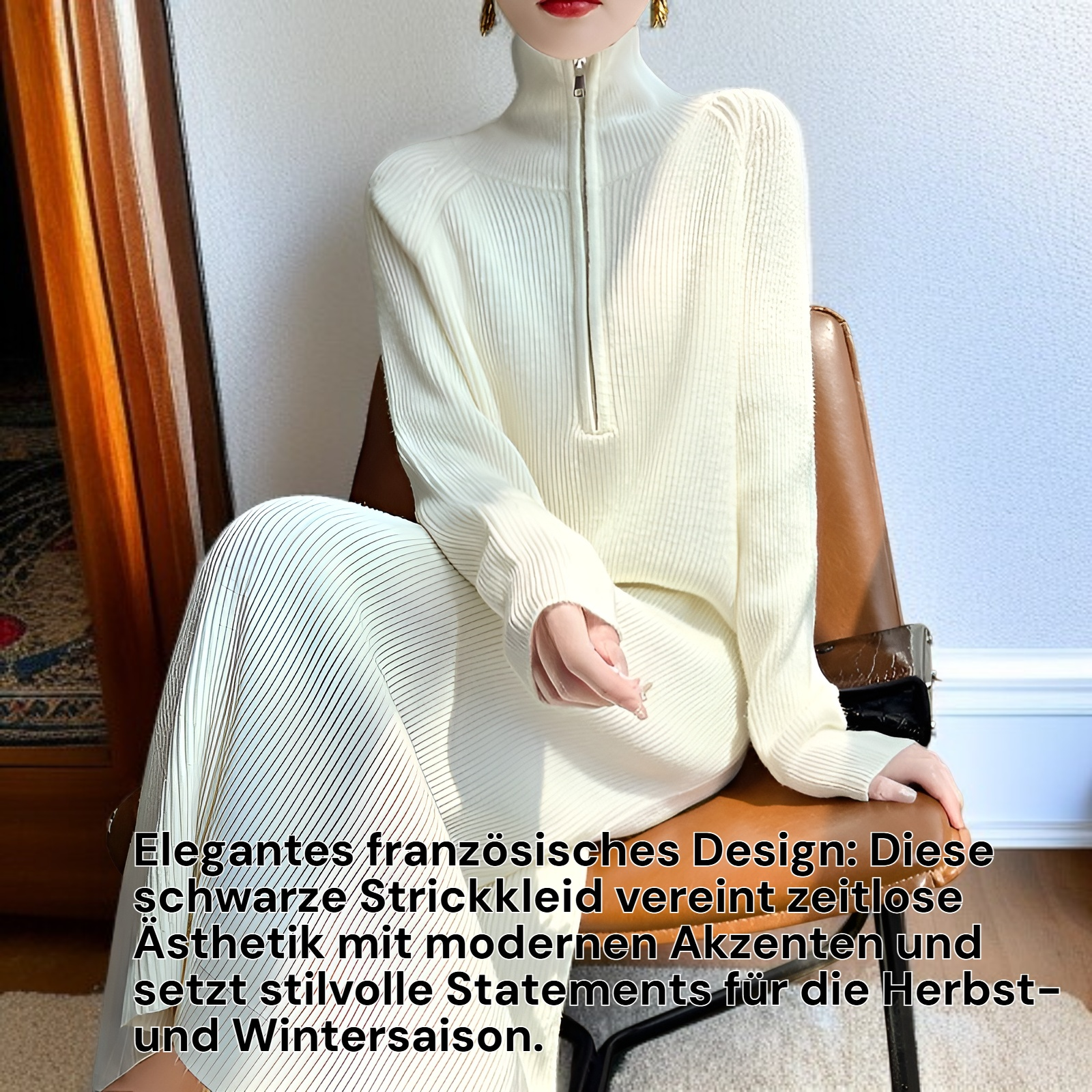 Brelia-jp】2025 Herbst/Winter Damen Strickkleid, Französisch, Schwarz, Midikleid mit Reißverschluss