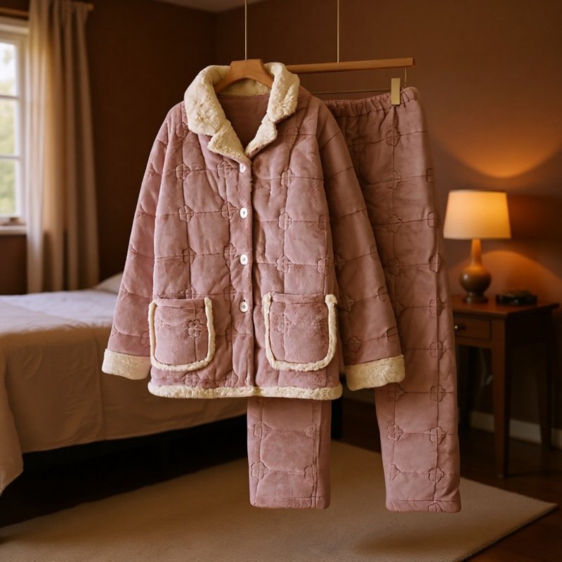 ファーカラーのベージュの厚手の冬用パジャマ、3層キルティングコットンセット、コーラルフリースの暖かいホームウェア