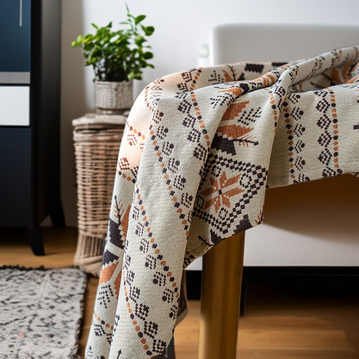 두꺼운 유화 스타일 식탁보, 커피 컬러 기하학 폴리에스테르 테이블 커버