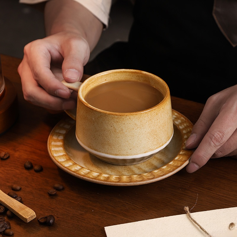  Retro Ceramic Coffee Cup and Saucer Set – Rustic Latte Art Mug