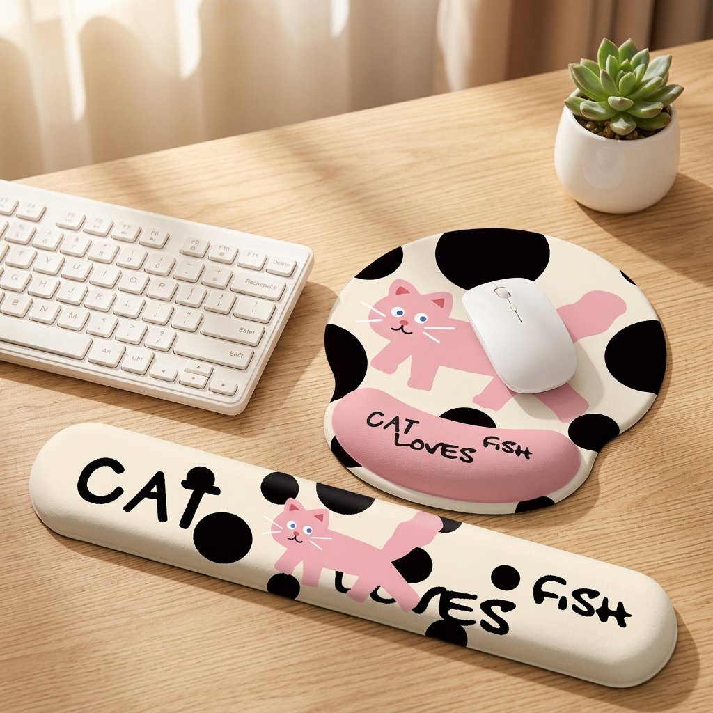 Cute Pink Cat Wrist Rest Mouse Pad & Keyboard Support, Non-slip Rubber Soft Pad