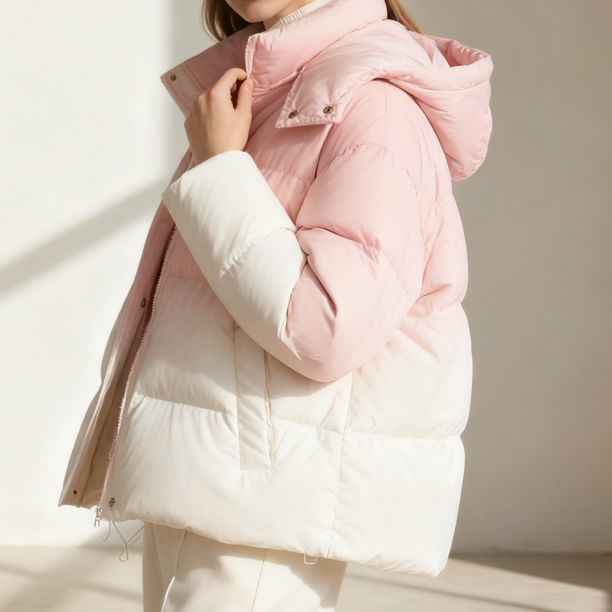 핑크 화이트 그라데이션 여성 숏 패딩