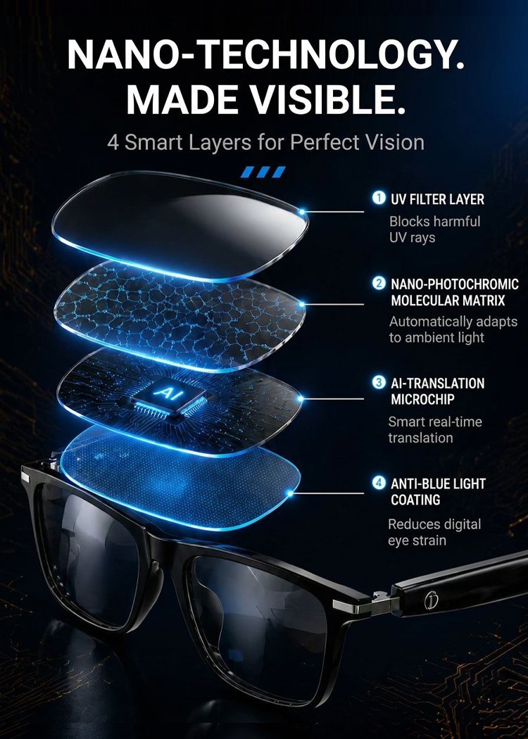 Smart Zoom Color-Changing Solar Real-Time AI Translation Glasses