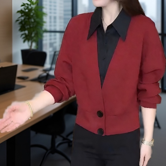 여성 차이나 기질 감령 셔츠 가짜 투피스 레드 상의 그레이 슬림 봄가을 셔츠