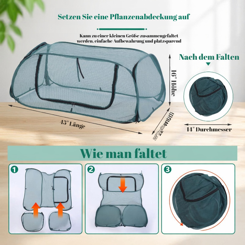 Praktische Pop-up-Vogelschutzhaube im Garten über Obstpflanzen