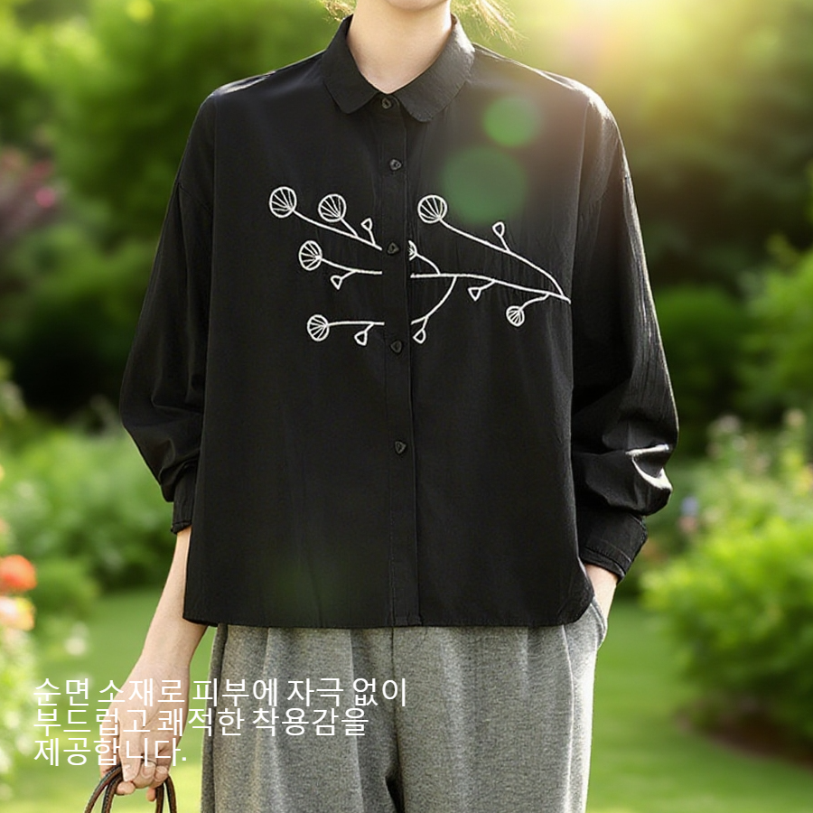 트렌디한 라지 자수 순면 긴팔 셔츠