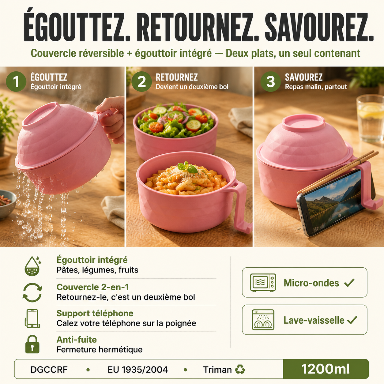 Bol à nouilles avec couvercle et passoire, grande capacité, vaisselle portable pour dortoir étudiant