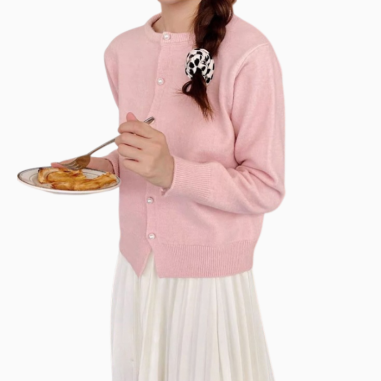 여성 니트 가디건 긴팔 솔리드 상의 진주 버클 여성 봄가을 라운드 니트 가디건 부드러운 니트 코트