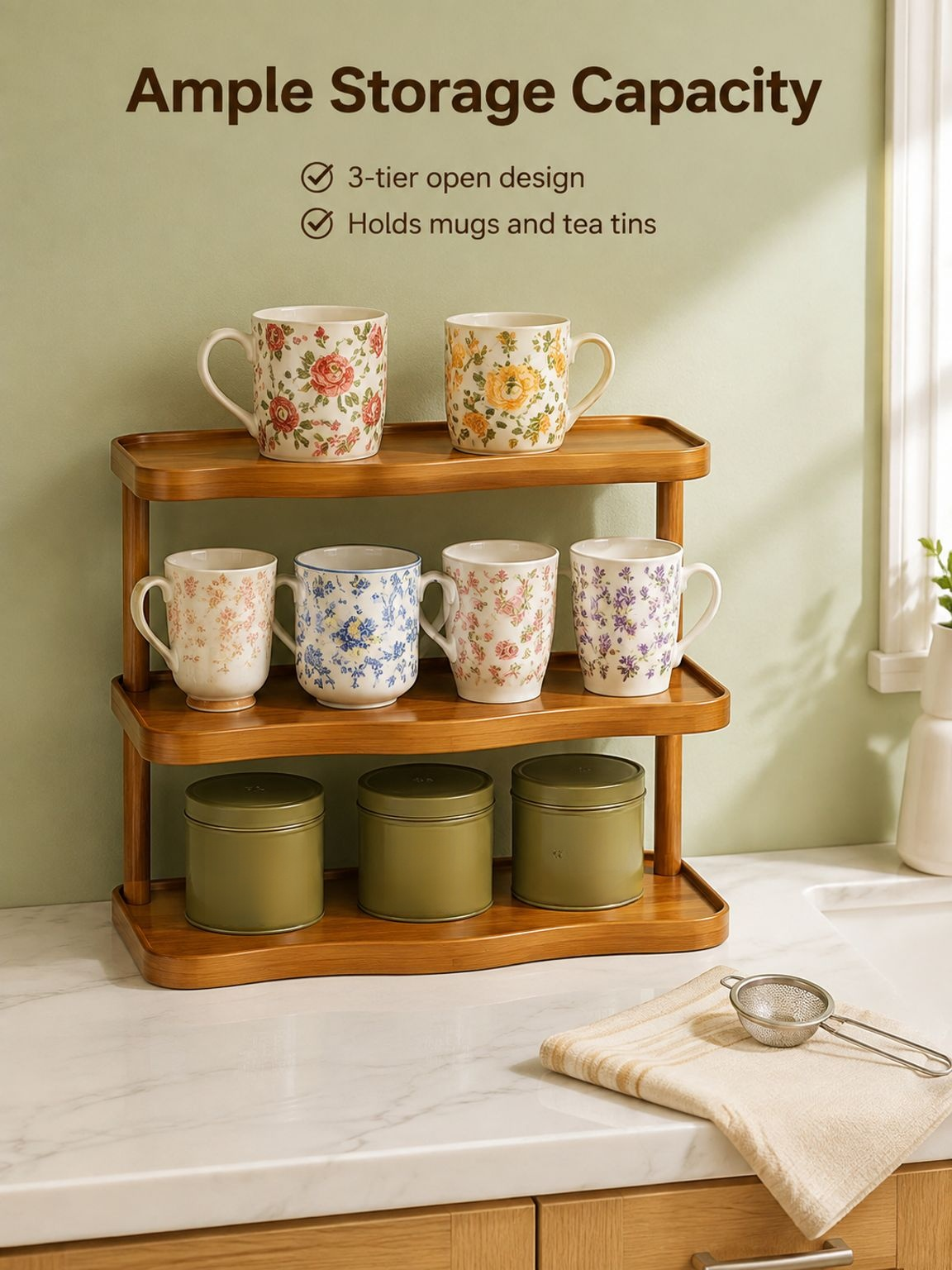 Retro wavy cup holder for tabletop with multiple tiers
