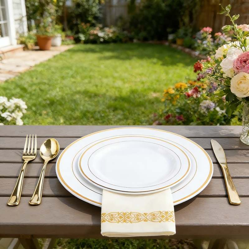 一次性金邊塑料餐具套裝，含盤子、酒杯、刀叉勺，適合25人使用