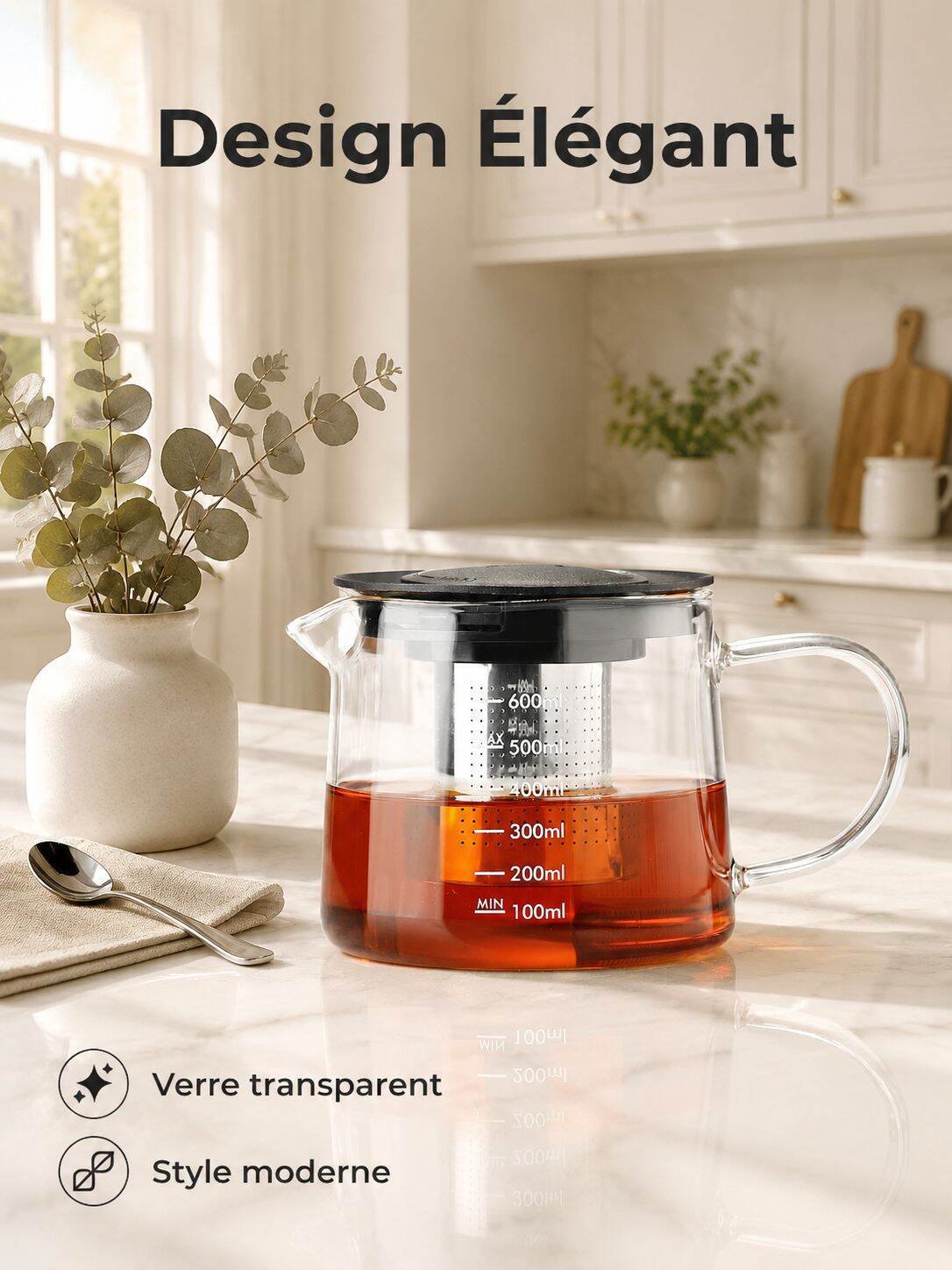 Grande cafetière en verre borosilicaté avec filtre en acier inoxydable