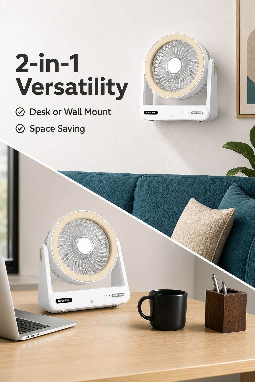 Silent Desktop Fan, Smart Wall-Mountable Circulating Air Fan