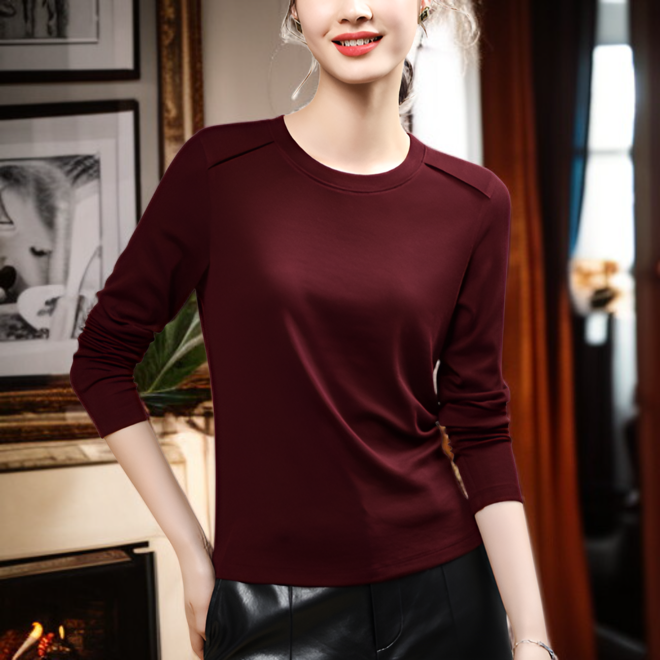 2025年秋冬新作 テンセルウール ベースレイヤー Tシャツ 暖かい 防寒 肌に優しい 通気性 着痩せ 伸縮性のある肩 ラウンドネック 長袖 レディース Tシャツ