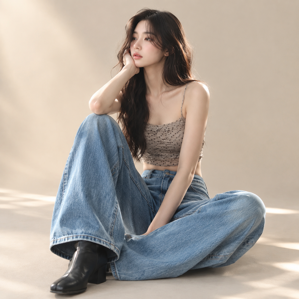 하이웨이스트 슬림 롱 데님 와이드 팬츠 여성