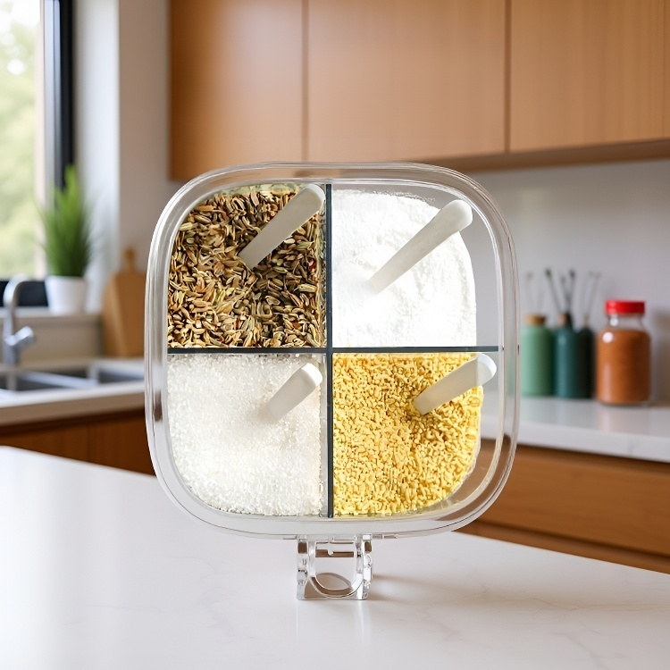 علبة توابل المطبخ المنزلية محكمة الإغلاق مقاومة للرطوبة برباعية الأقسام مدمجة لحفظ الملح وMSG وال