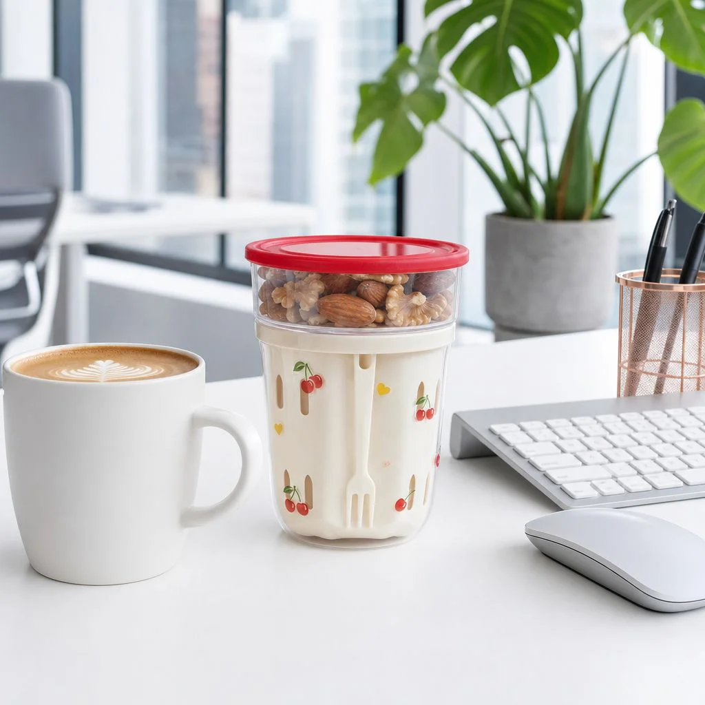 Vaso portátil de batido de frutas tipo caricatura con tenedor