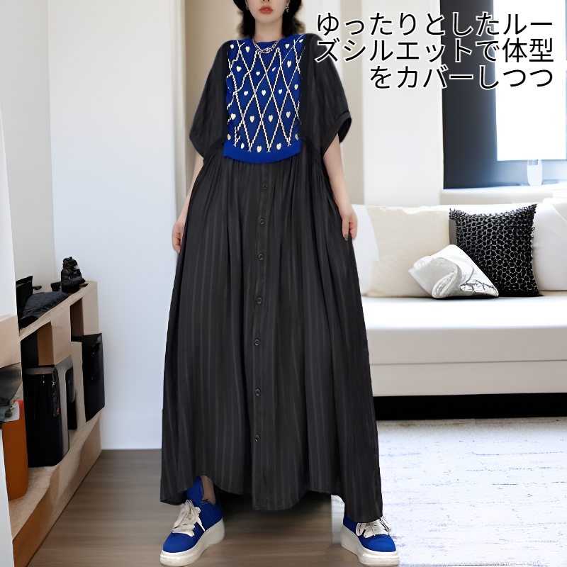 夏用レディースルーズワンピース 中年のお母さん専用ウエストワンピース