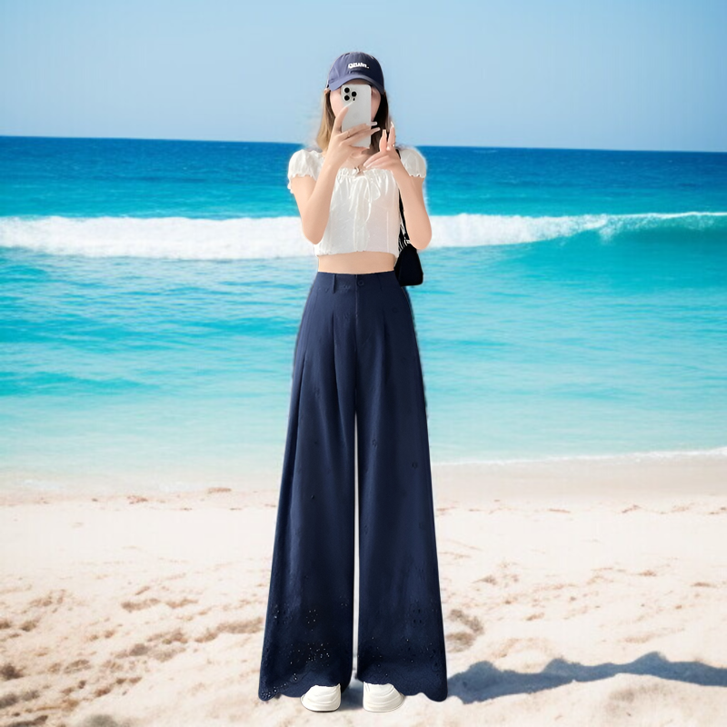 夏用中空ワイドレッグパンツ、フックフラワーワイドレッグパンツ、レディース2025新作、ハイウエストパンツ、スリムドレープレースパンツ、カジュアルストレートパンツ