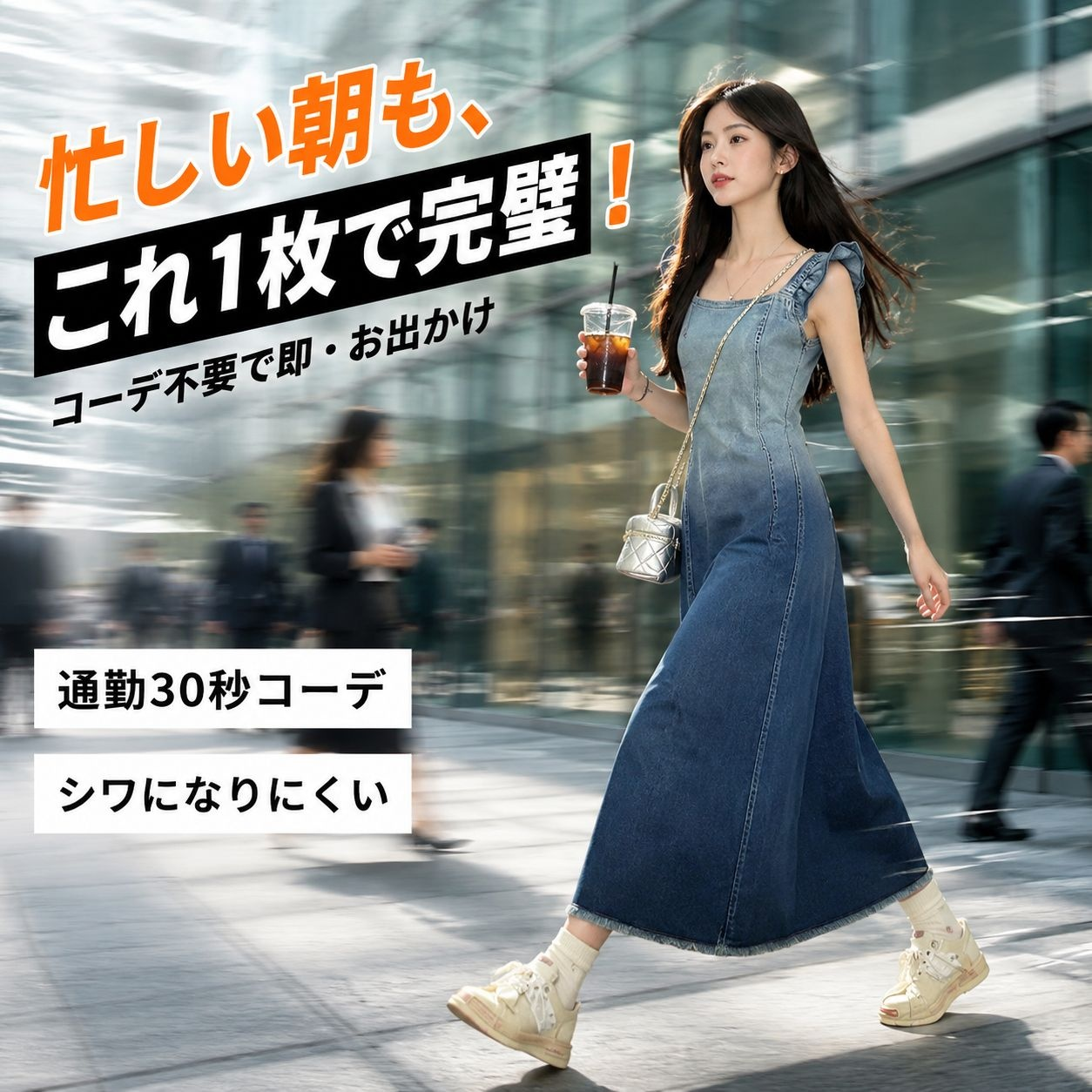 女性用ウエストシェイプグラデーションデニムジャンパースカート
