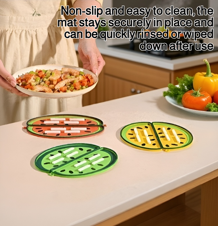 Close-up of watermelon design pot lid mat on countertop