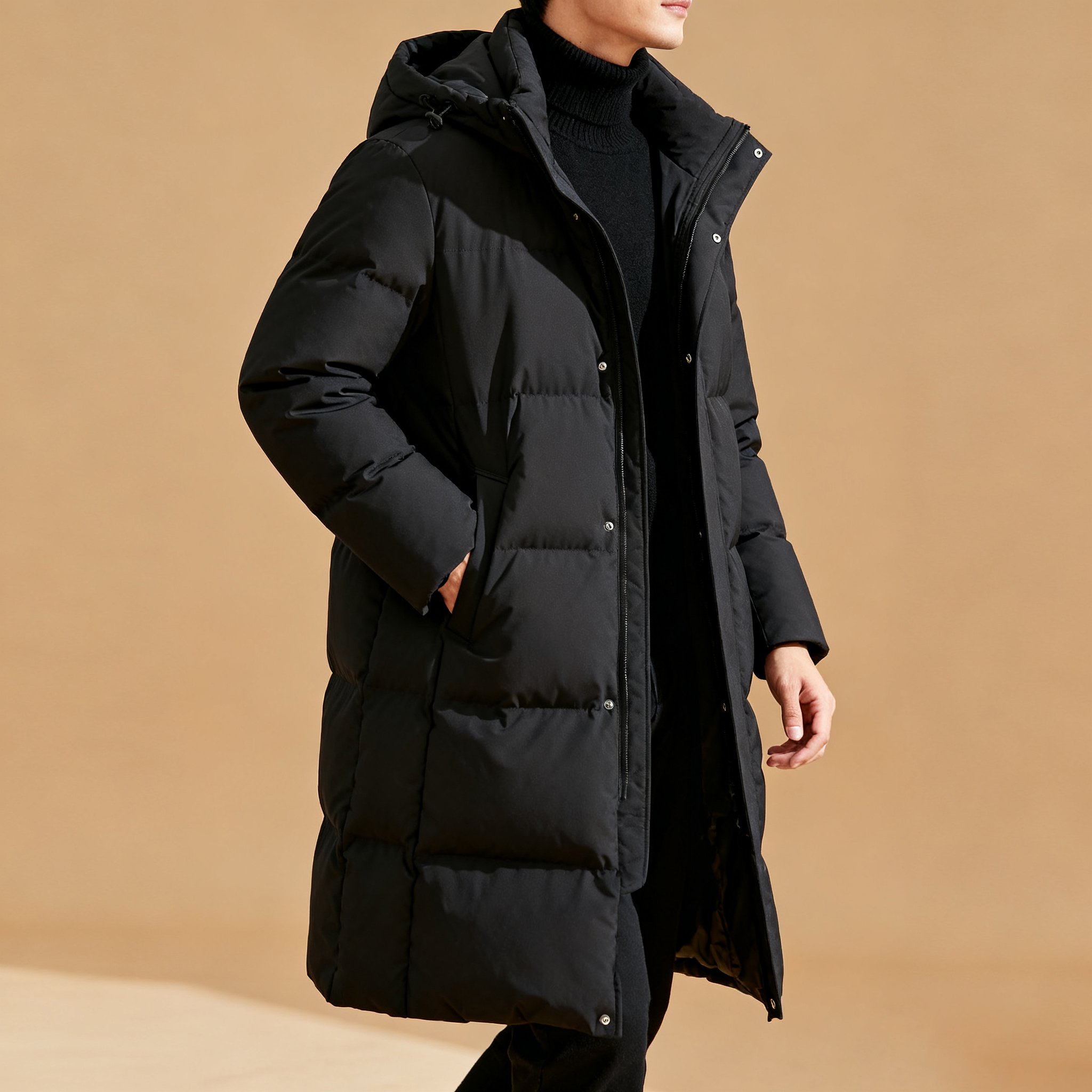 ロング丈フード付き中綿コートの全体画像