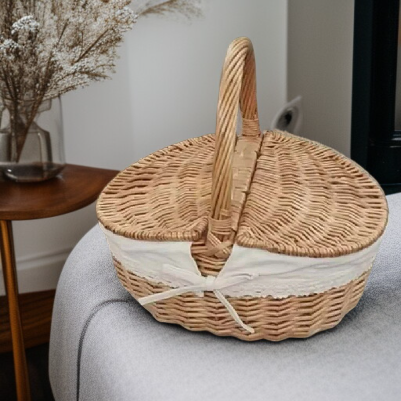 Landhaus-Rattan-Korb mit Deckel, Aufbewahrungskorb, Picknickkorb